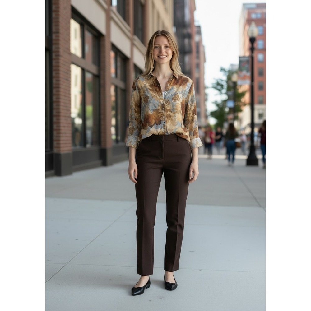 Alfred Dunner Petite PS Brown‎ Tan Leaf Print 3/4 Sleeve Button Front Blouse Top